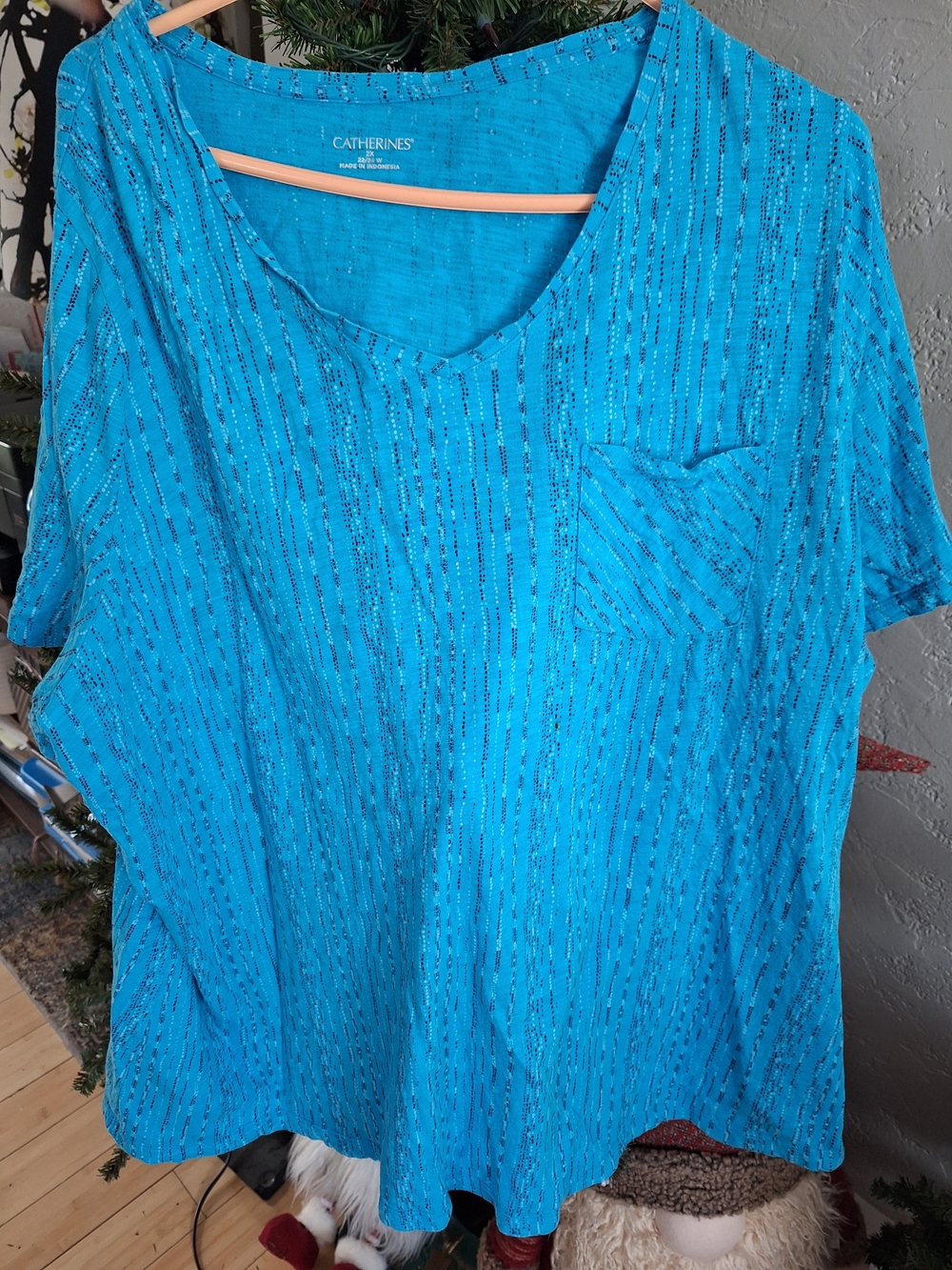Catherines Teal Blue Short Sleeve V-Neck Top with Pocket